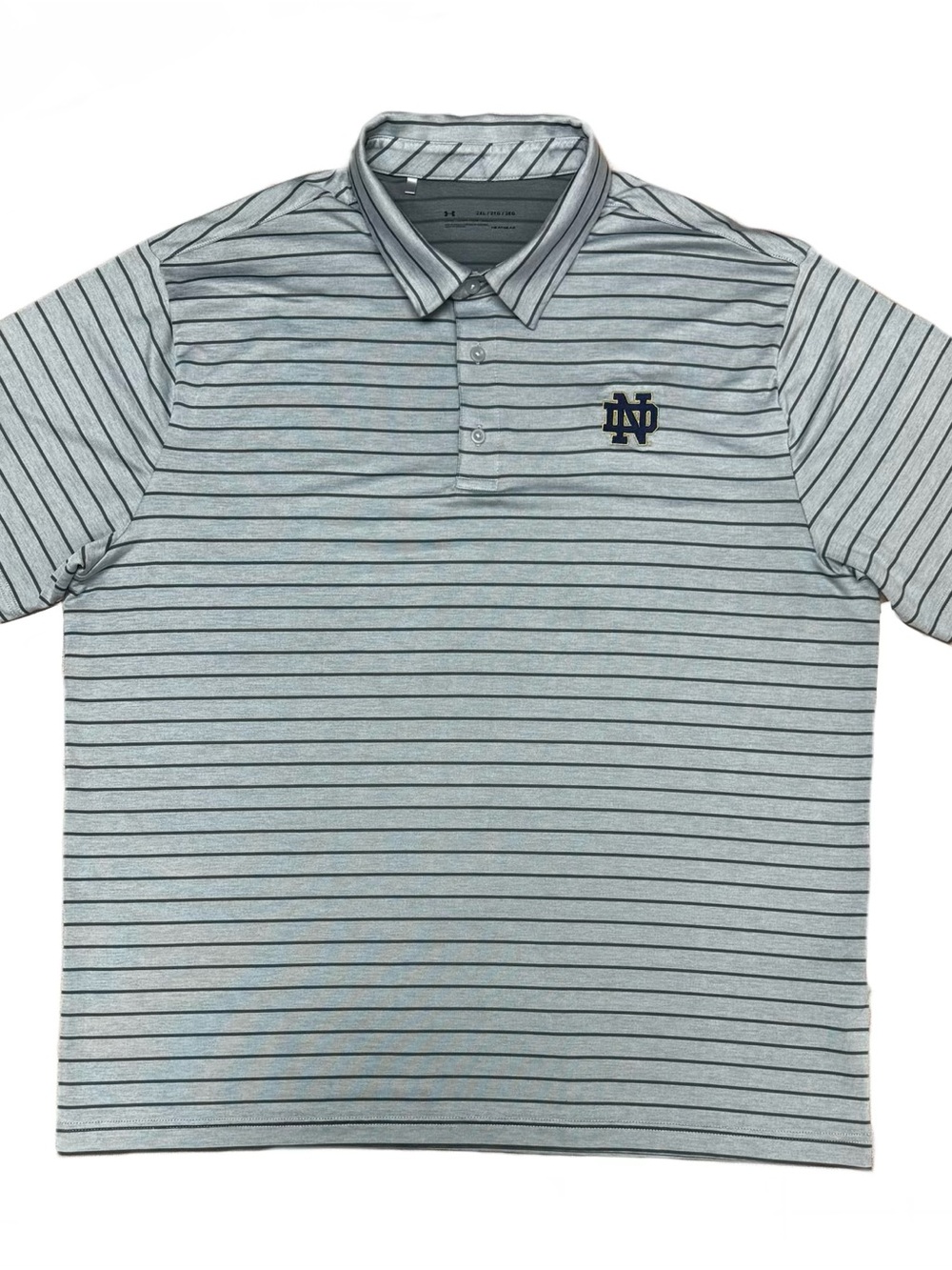 Under Armour Men's Light Gray Striped Polo with Notre Dame ND logo